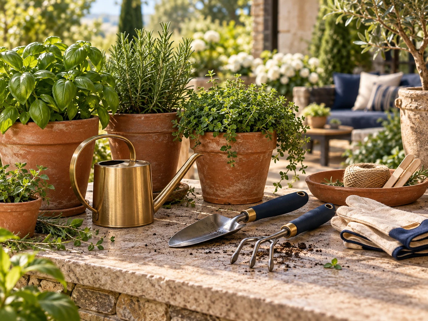 Escena de jardín con macetas de barro, plantas, regadera y herramientas manuales de jardinería