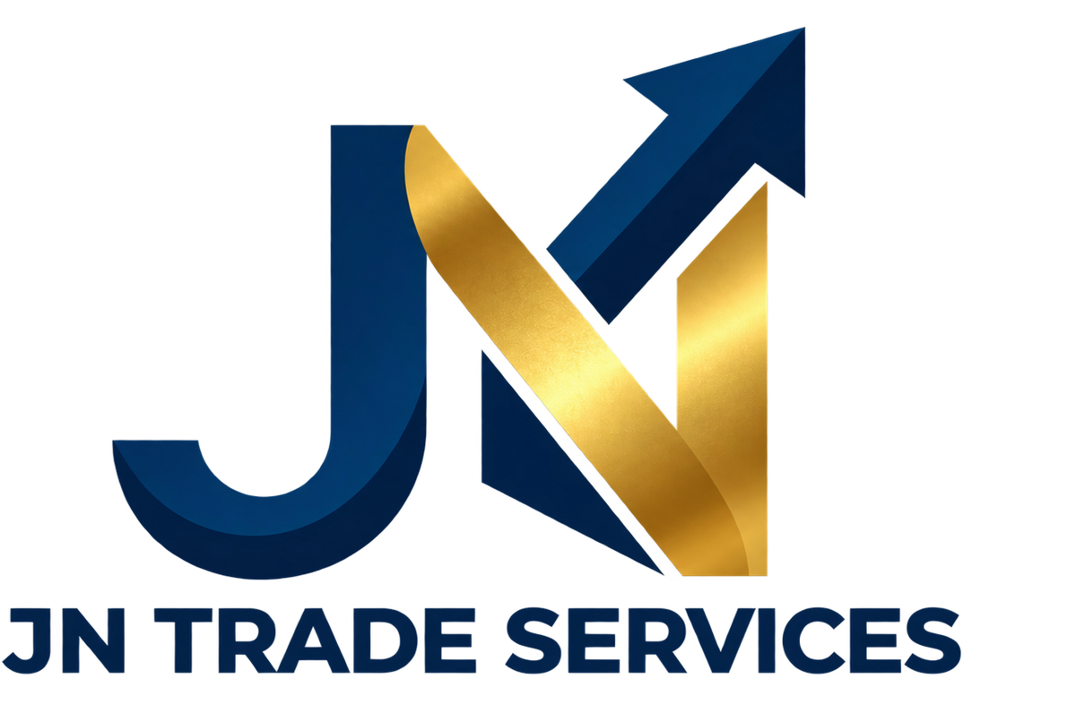 Logotipo de JN Trade Services: monograma JN azul marino y dorado con flecha ascendente